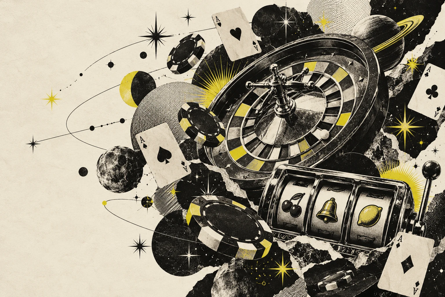 Roulette, slots and playing cards in an original screenprint collage